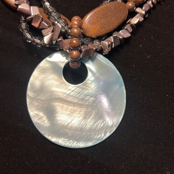 Hematite, Glass, Wood Multi-Strand Necklace Mother of Pearl Shell Pendant - Picture 4 of 6